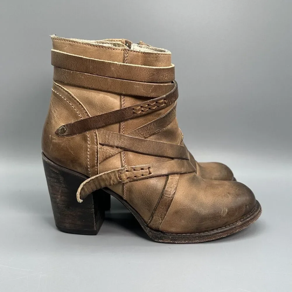 Freebird Gem Womens 6 Brown Tan Zip Leather Ankle Boots Booties Strap Block Heel
